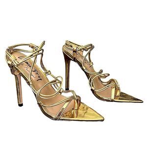 Lemon Drop by Privileged Gold Metallic Sicara Strappy Pointed Toe Heels Size 6